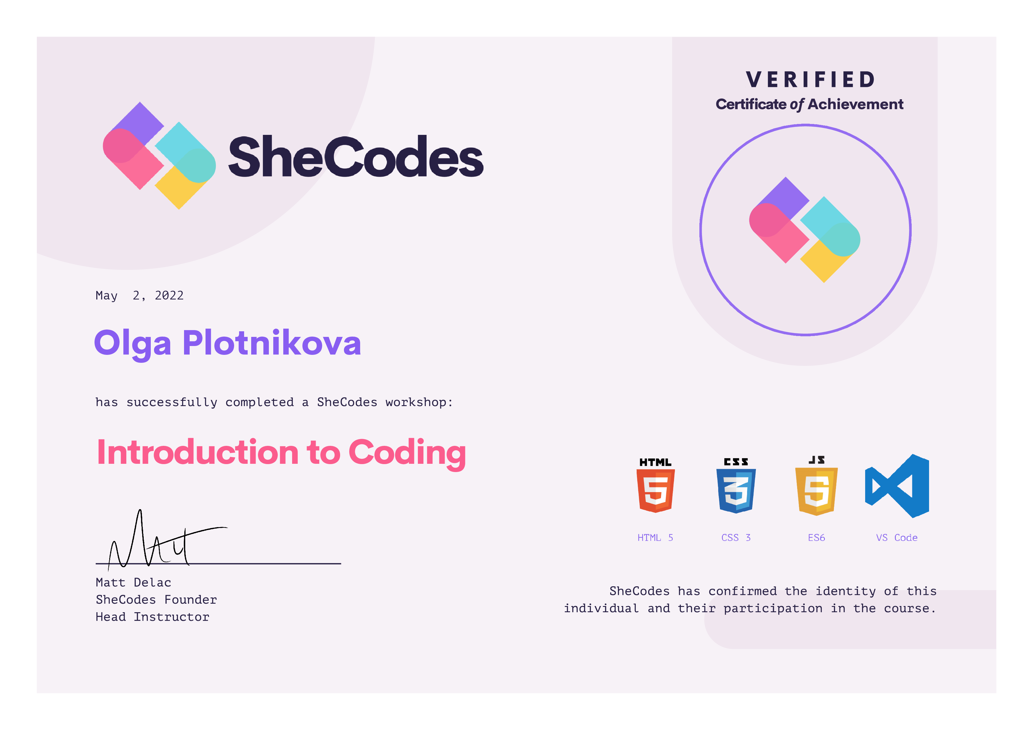 Certificate of Olga - base course with SheCodes