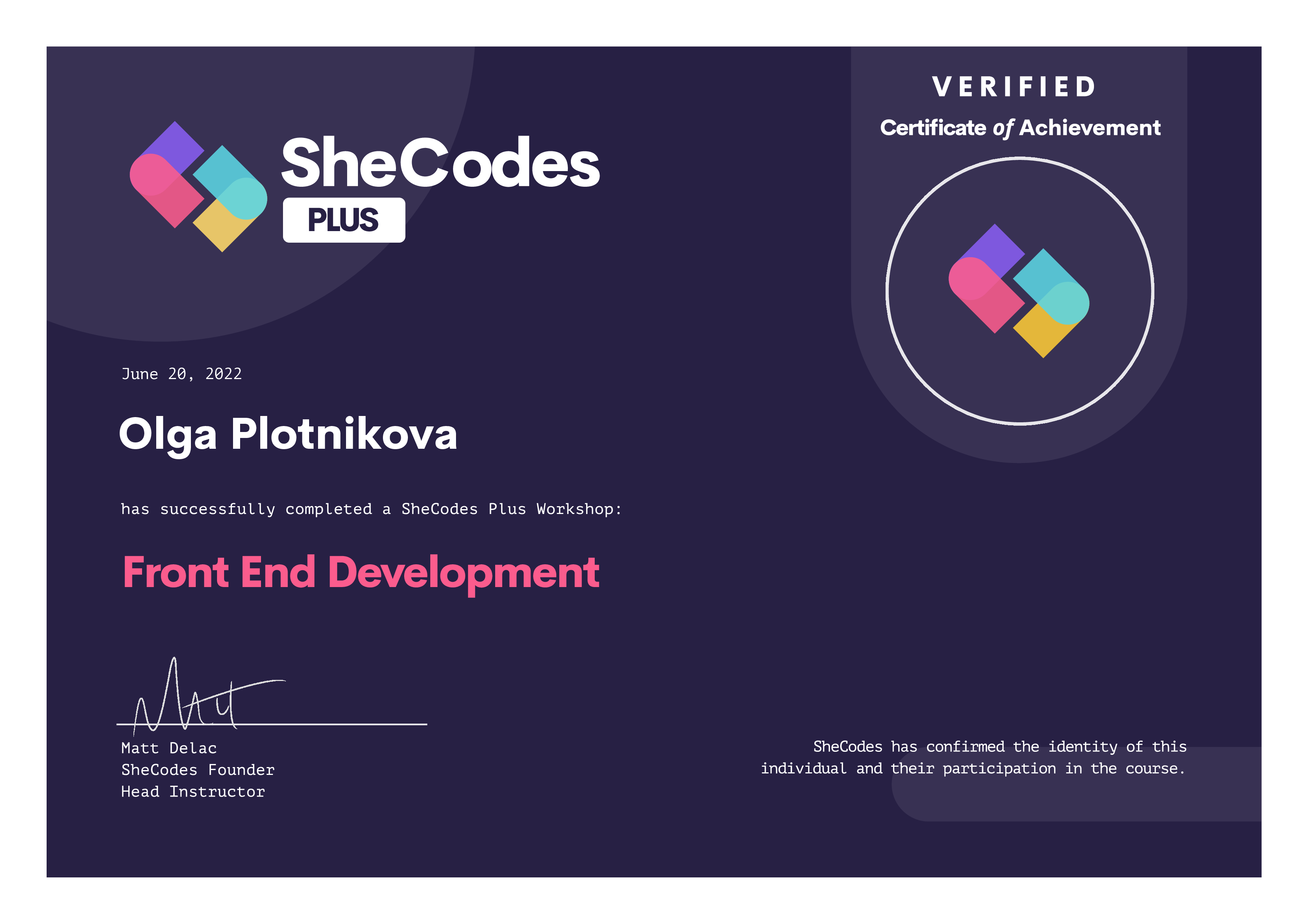 Certificate of Olga - Front-end Development with SheCodes