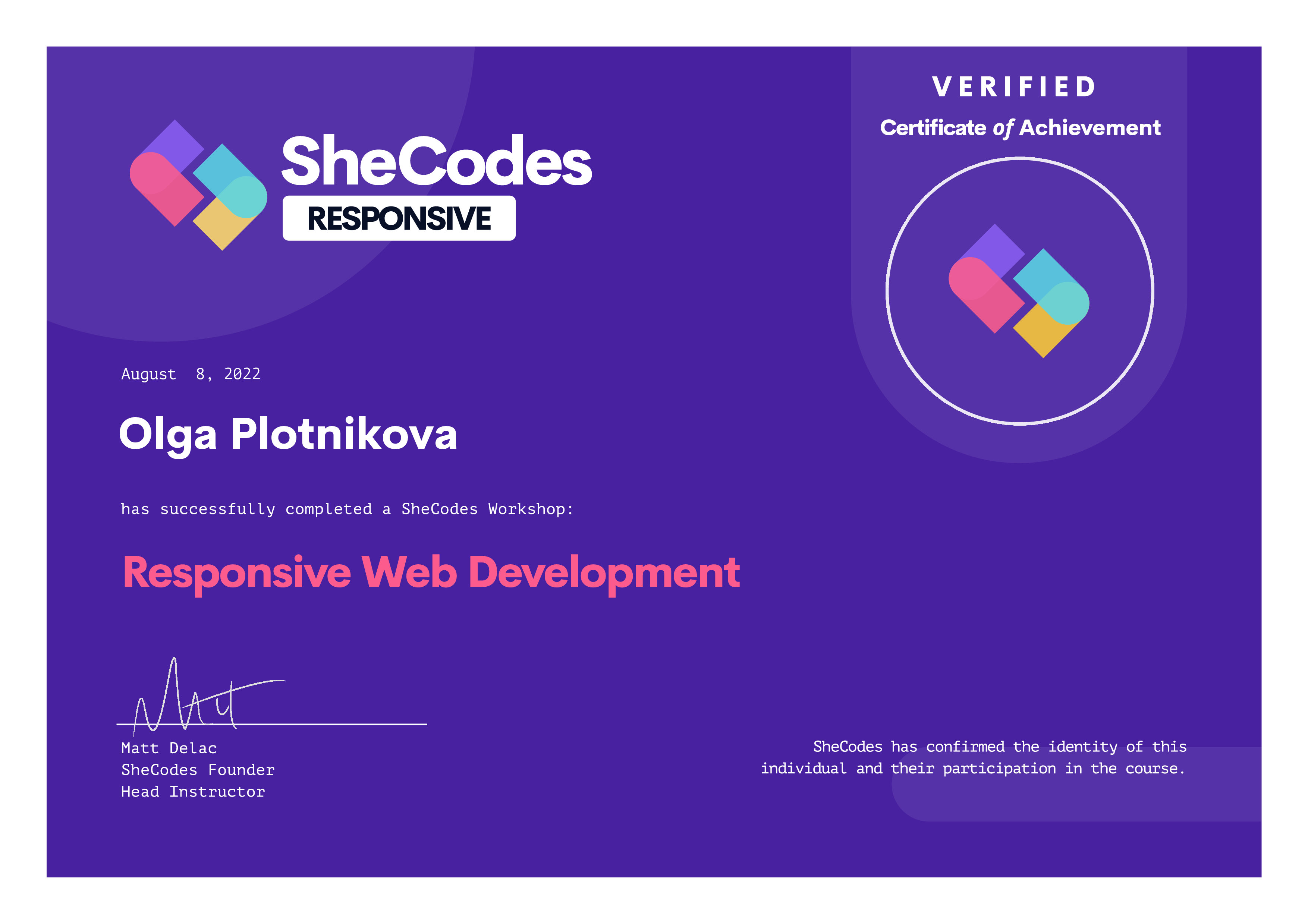 Certificate of Olga - Responsive Web Development with SheCodes