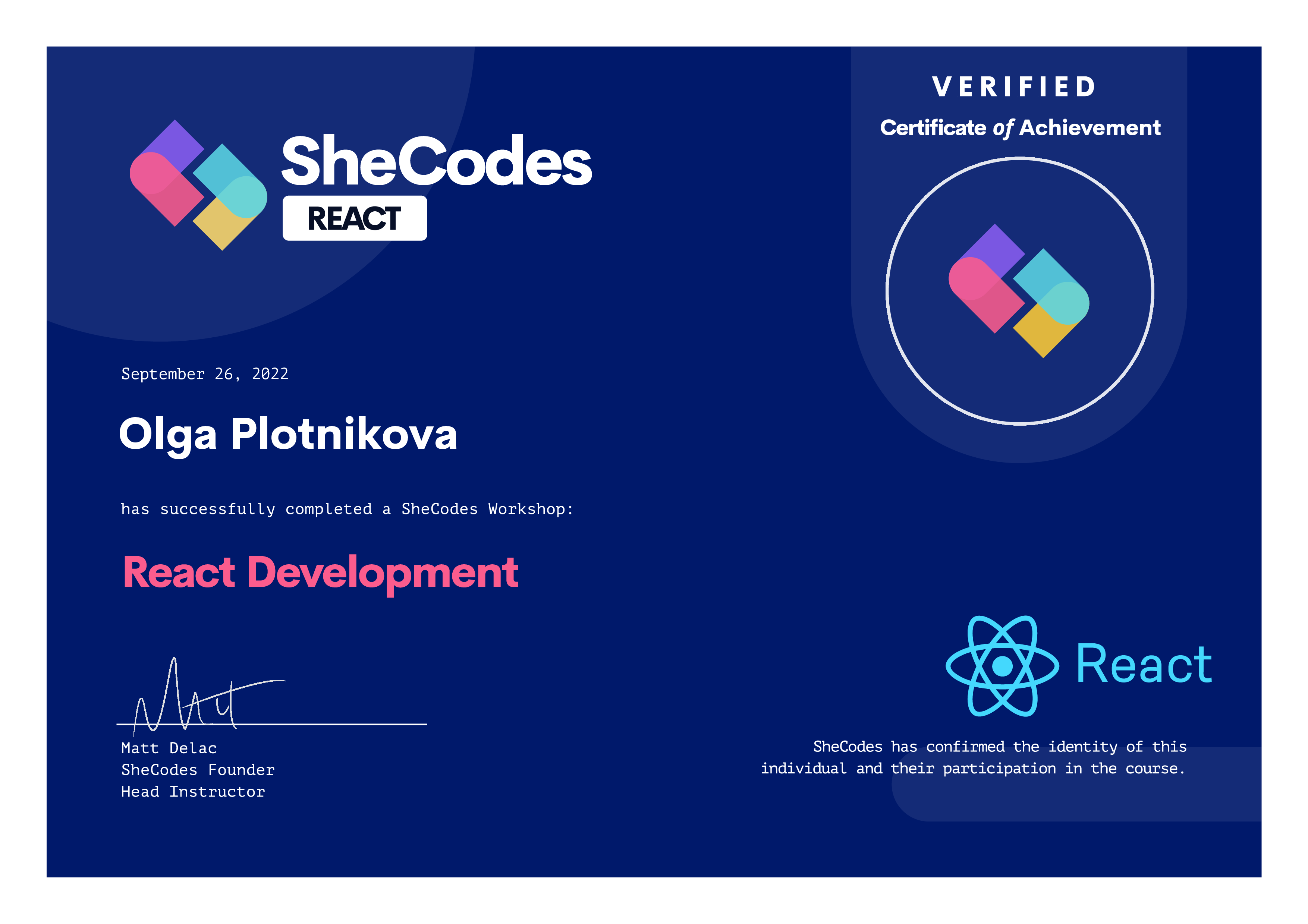 Certificate of Olga -  with SheCodes